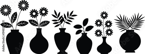 WebBlack silhouette of garden flowers and leaves in ceramic vases isolated on white background for vector illustration home decor design.