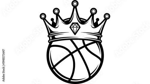 A black and white illustration of a basketball wearing a crown
