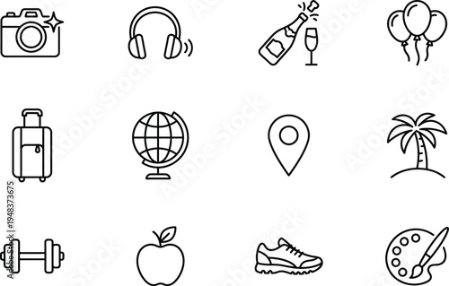 A collection of various icons for travel, leisure, and hobbies
