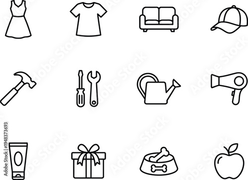 A collection of various line icons on a white background