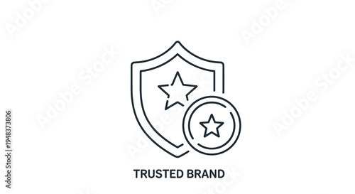 A dark blue outline icon of a shield with a star and a circular badge with a star sits above TRUSTED BRAND text.