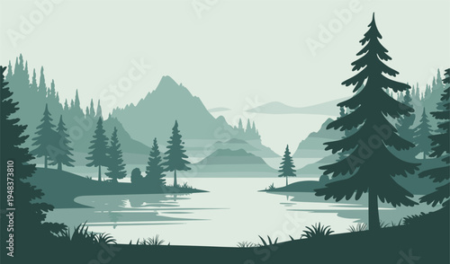 Pine Forest Lake Landscape - Monochromatic Layered Vector