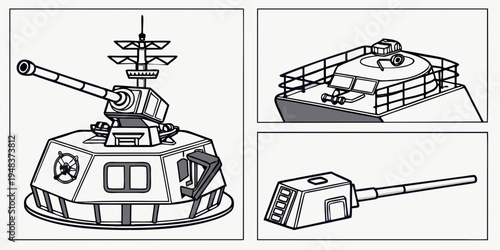 a black and white drawing of a tank with three different views Vector