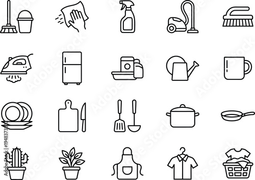 A collection of simple line icons for household and cleaning tasks