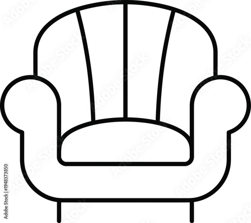 A simple line drawing of a comfortable armchair with clean lines