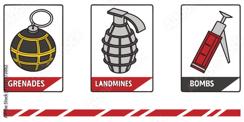 Warning signs for explosive devices and fire extinguisher Vector