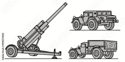 a howitzer cannon and two military trucks Vector