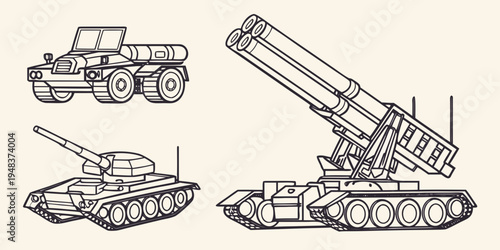 a set of military tanks with guns and cannons Vector