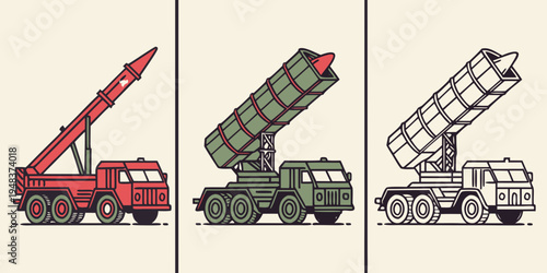 Three missile launcher trucks in different colors Vector