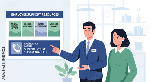 A male HR manager points to an employee support resources board while a sad female employee stands next to him in an office.