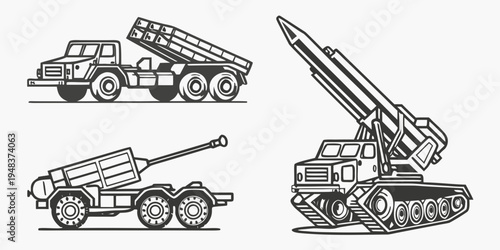 military vehicles with missile launchers on display Vector