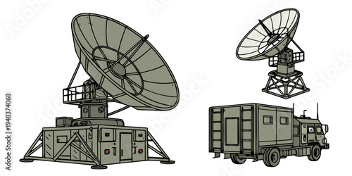 military radar system with satellite dishes and truck Vector