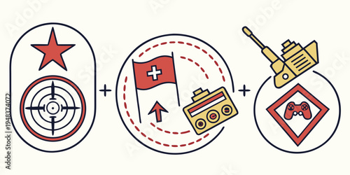 three circular military symbols with red and yellow colors Vector