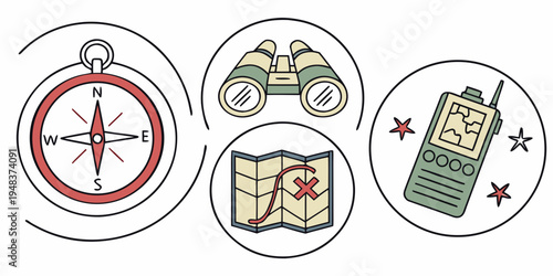 a set of navigation icons including a compass, a map with a red pin, a green walkie talkie, and an all terrain vehicle Vector