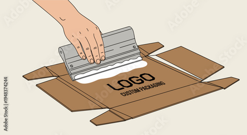 A human hand holds a screen printing squeegee, applying white ink onto an unfolded brown cardboard box with black text.