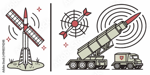 a military missile launcher and a wind turbine with radar and missile targets Vector