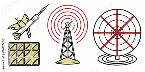 icons representing radar technology and missile defense systems Vector