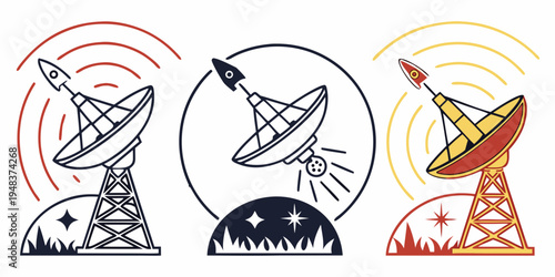 Three satellite dishes with signal waves Vector