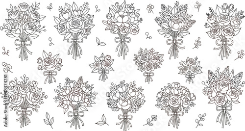 Fotografie Vector set of black line art floral bouquets and rose arrangements with intricate botanical details for wedding stationery coloring pages and minimalist decorative design