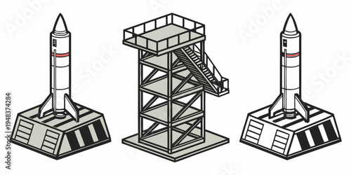 three rocket launchers on launch pads Vector