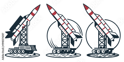 three rockets on launch pads with circular structures Vector