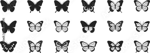 WebVector illustration of butterfly silhouettes, diverse wing shapes, spotted patterns, decorative insect design, entomology study, nature motif, wildlife art, creative outline