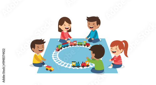 Five happy children sit around a blue mat, cheerfully playing with a colorful toy train set on a white background.