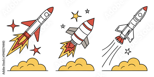 three rockets launching into space with clouds and stars Vector