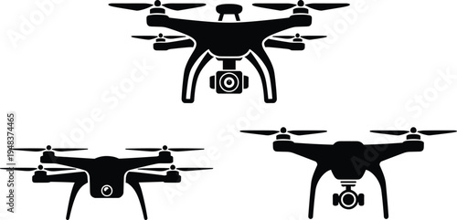 Quadcopter drone silhouette set with various camera angles and perspectives isolated on white background vector illustration for aerial photography or unmanned aerial vehicle tech design