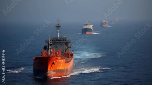 Large cargo ship traveling along a narrow strait carrying stacked containers, global trade and maritime transport concept with calm sea and strategic shipping route.