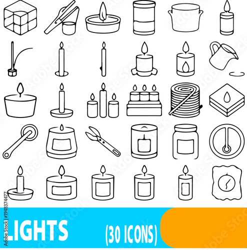 A set of thirty simple black and white icons represents various forms of wax candles, diffusers, and related lighting accessories for ambiance and home decor.