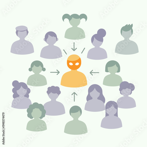 Central Orange Figure Surrounded by People Icons.