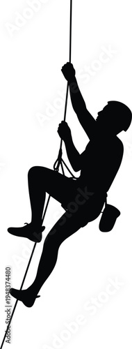 Rock climber silhouette vector featuring an athlete abseiling or rappelling on a rope for extreme sports and adventure concepts. (20 words)