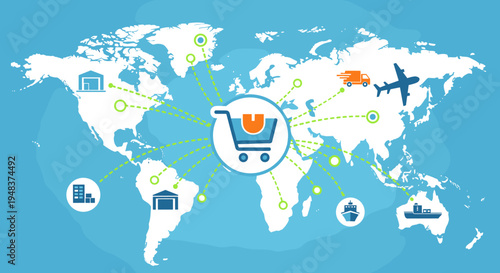World map with shopping cart and six global logistics icons.