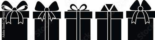 WebVector illustration of gift box silhouettes, ribbon bows, festive decoration, holiday present design, celebration motif, packaging art, party decor, surprise outline
