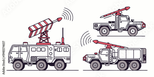 a white truck with a red and white striped missile launcher on top Vector