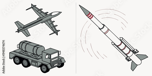 military equipment including a missile and a plane Vector