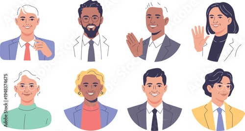 A diverse group of eight professionals and individuals are gathered in a modern setting with various expressions.