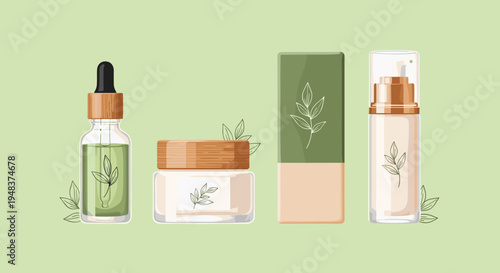 Four organic cosmetic products with leaf designs are lined up on a green surface.