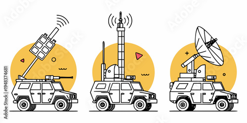 Three trucks with different communication equipment Vector