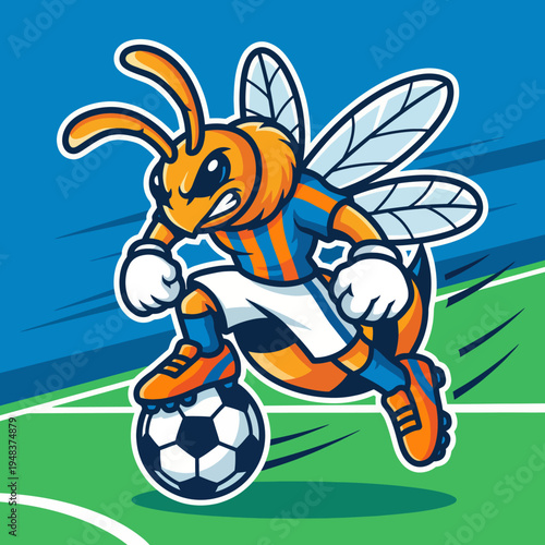 This vibrant illustration features a bee character energetically dribbling a soccer ball, showcasing an engaging blend of sports and whimsical art styles in bright colors.