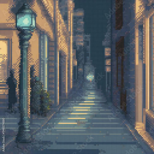 A pixel art image of a city street at night, featuring a street lamp, shadows, and a silhouette of a person.