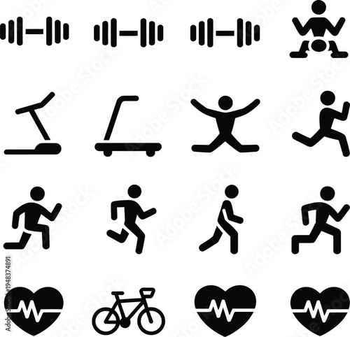 Cardio workout and gym equipment icon set for fitness tracking app and weight loss program with heart rate