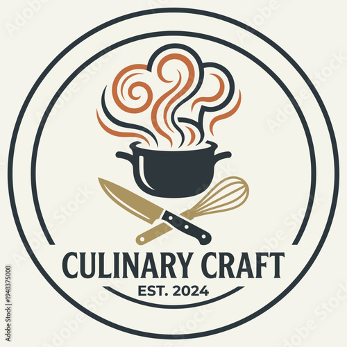 This logo design showcases a cooking pot surrounded by steam, with kitchen tools like a knife and whisk, representing the culinary arts and craft of cooking.