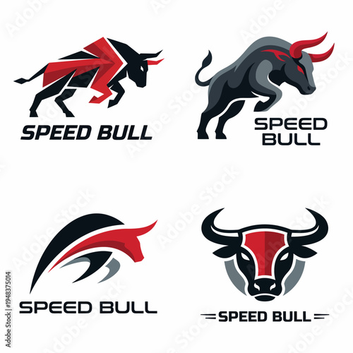 A collection of distinctive speed bull logos designed for branding, each representing power, speed, and strength, ideal for sports, fitness, and automotive industries.