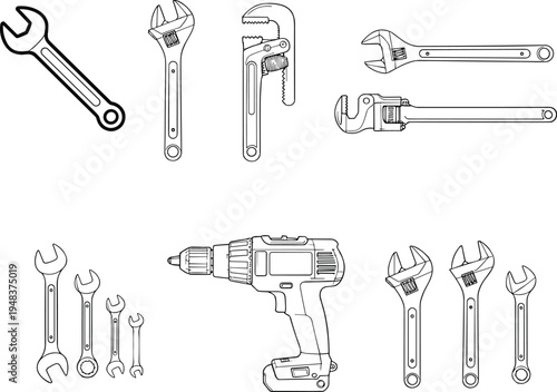 WebWrench and drill tool set line art illustration featuring adjustable spanners, pipe wrenches, and electric power drill for construction projects.