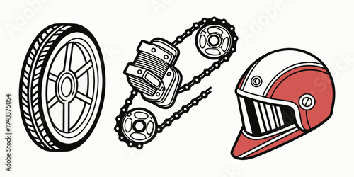 car parts and motorcycle helmet Vector