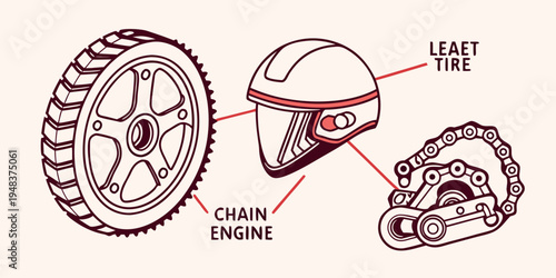 a diagram of a motorcycle tire and helmet Vector