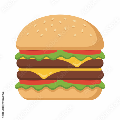 This illustration showcases a delicious hamburger stacked high with fresh lettuce, tomatoes, cheese, and patties, representing indulgence and culinary satisfaction for food lovers.
