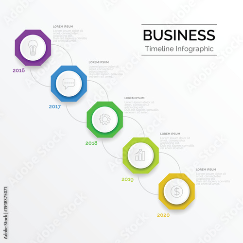 A business timeline infographic template with a modern design and five colorful octagonal icons.